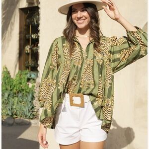 House of Sundar Green Stripe Meera Blouse Tigress Vine Tiger Oversized Size XL